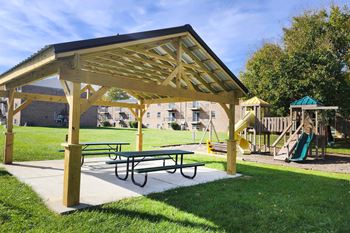 a picnic area with a picnic table and a playground at Crown Crossing Apartments, Amelia, OH, 45102